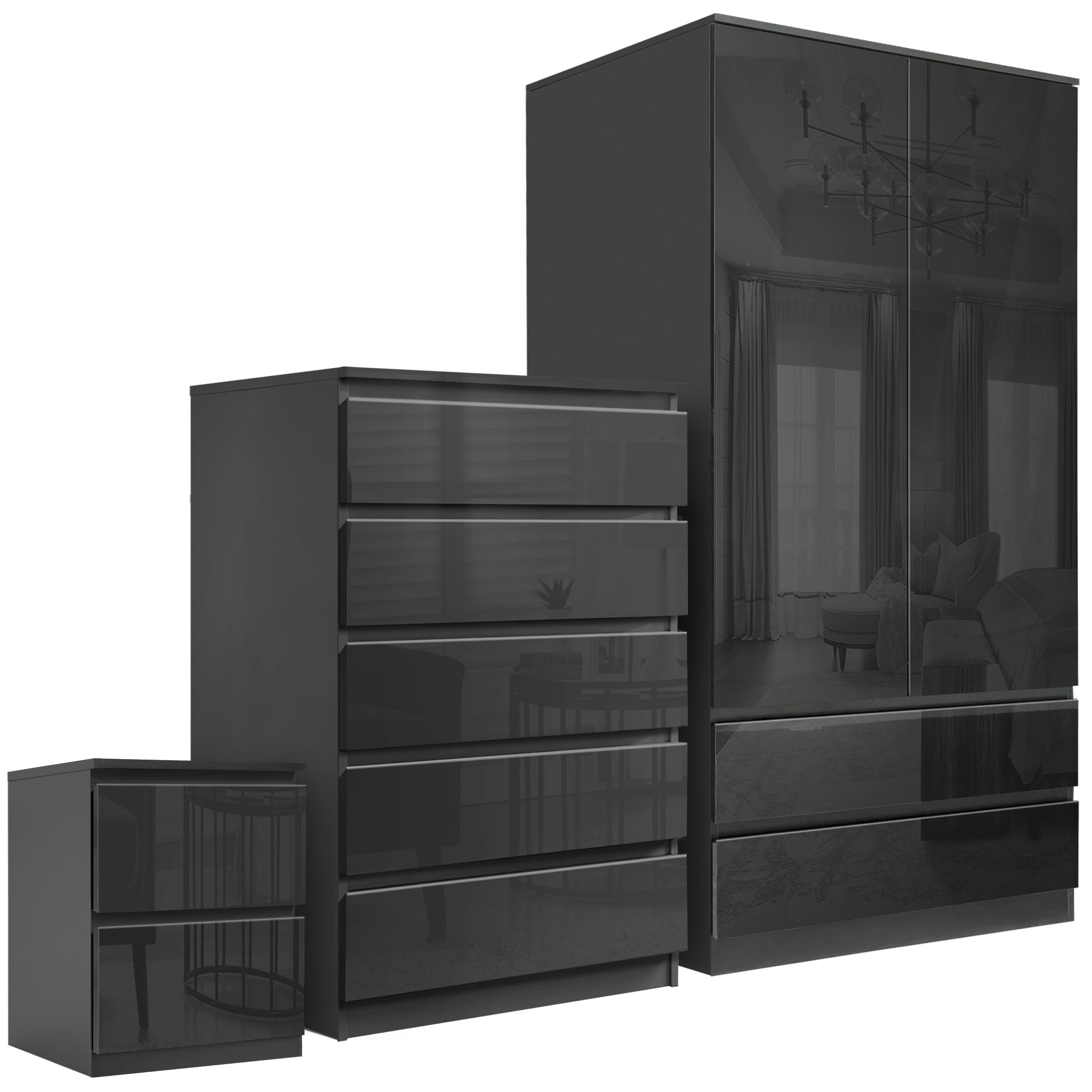 Full black bedroom furniture set, modern design with ample storage solutions.