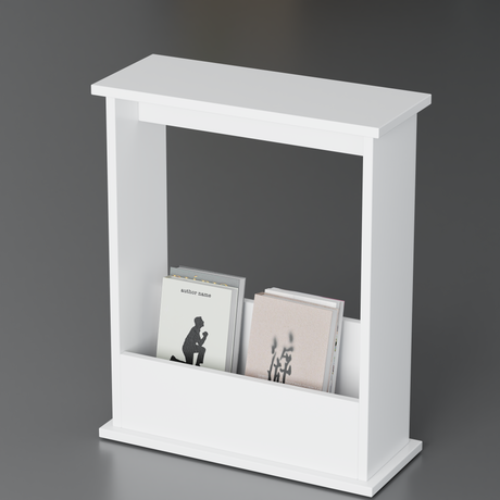 Full white narrow side table with built-in book storage, perfect for small spaces.