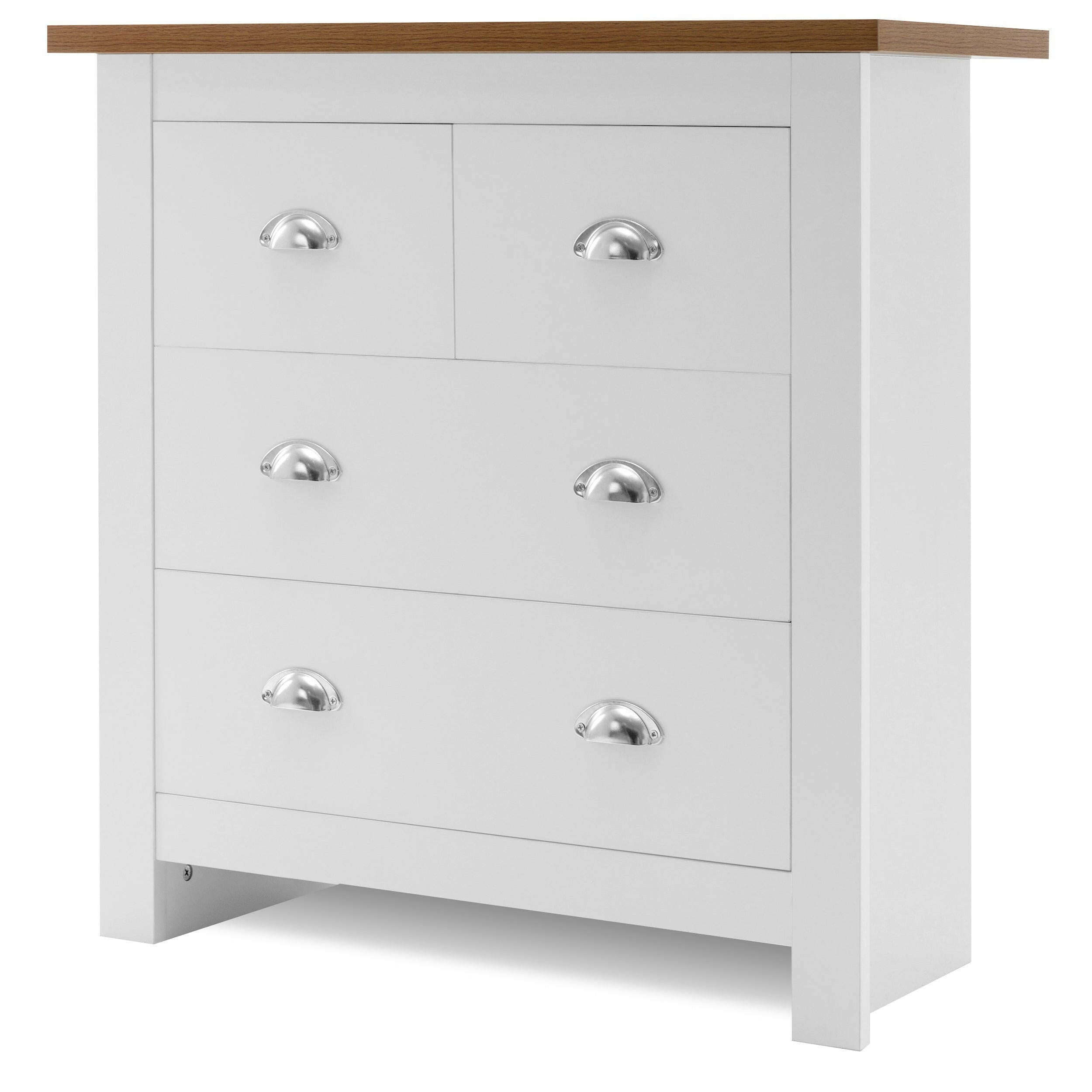 Fully assembled white chest of drawers with oak top, modern and durable bedroom furniture.