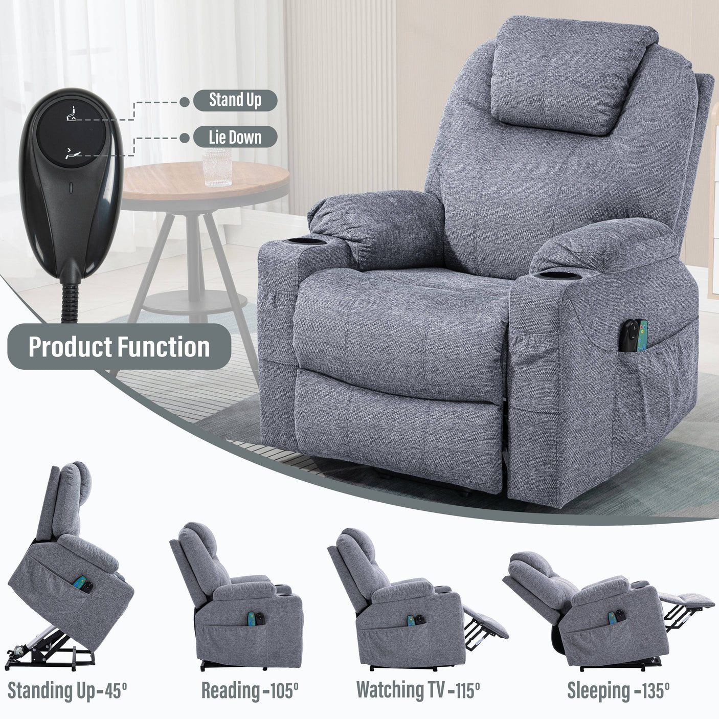 Grey fabric recliner chair with remote control showing multiple reclining positions for reading, watching TV, and sleeping.