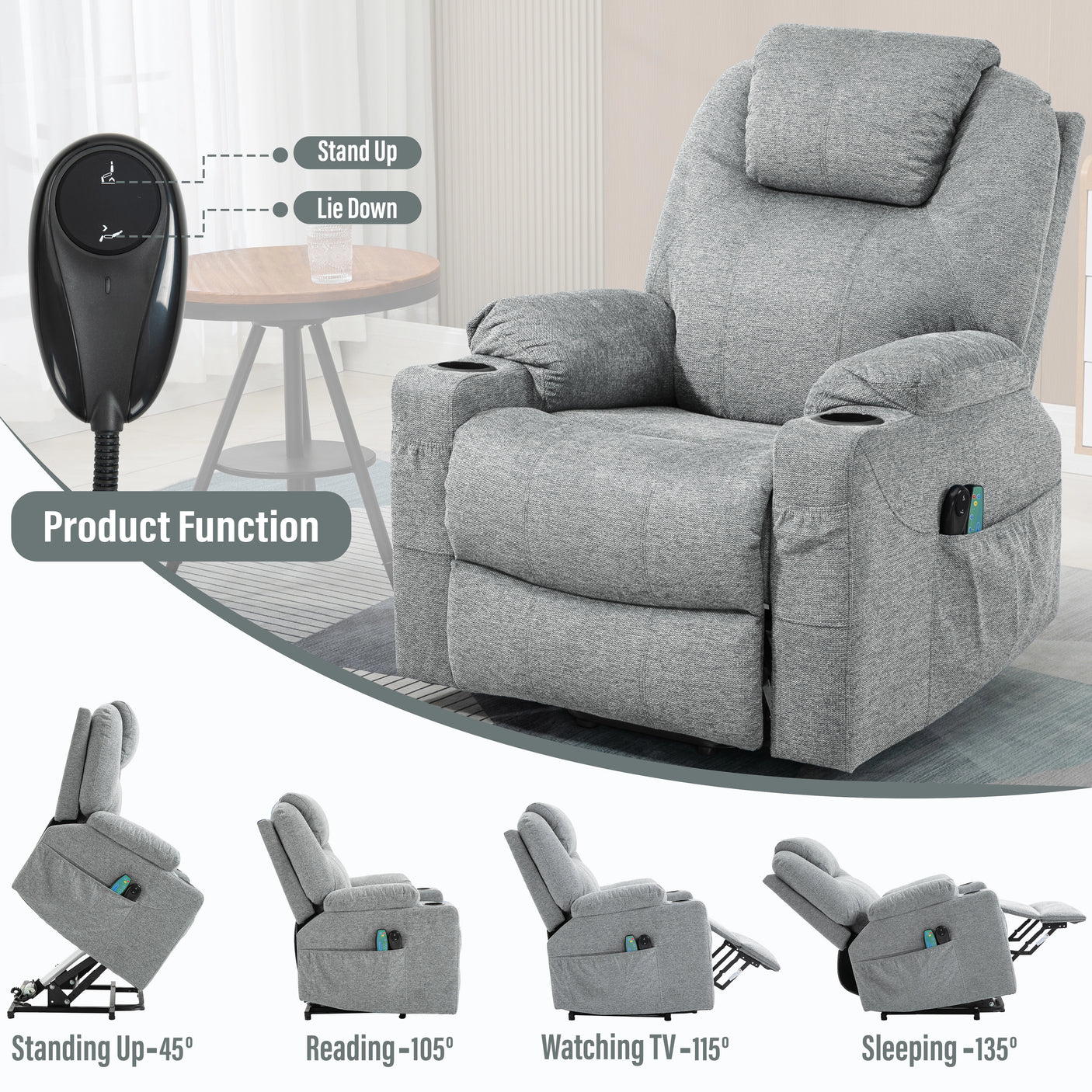 Riser Recliner Chair With Cup Holder, Heat and Massage