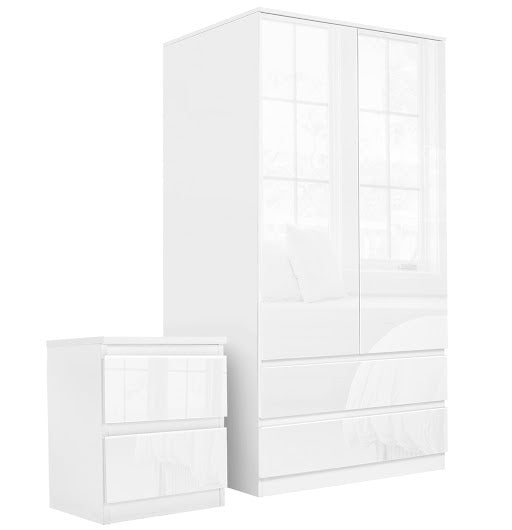 White furniture set for bedroom with wardrobe, chest of drawers, and storage options