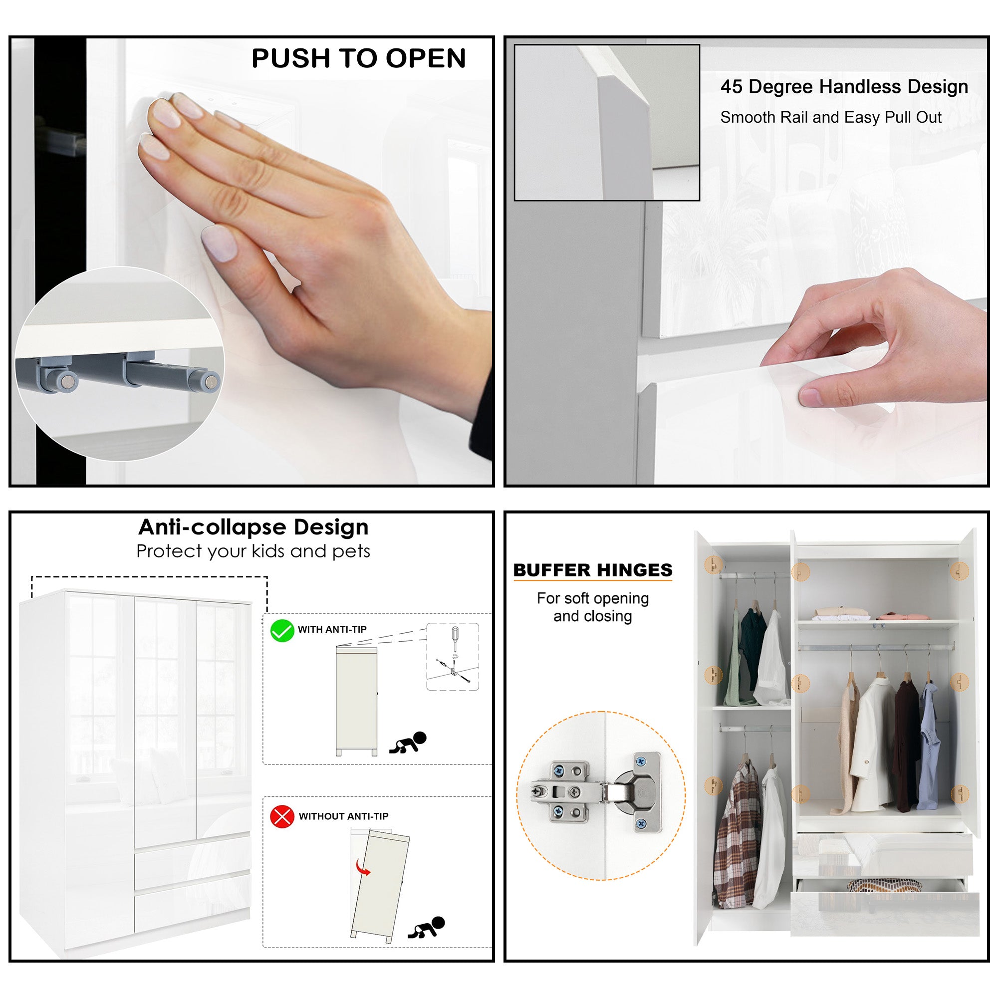 White furniture set with push to open 45 degree handles anti collapse design and buffer hinges