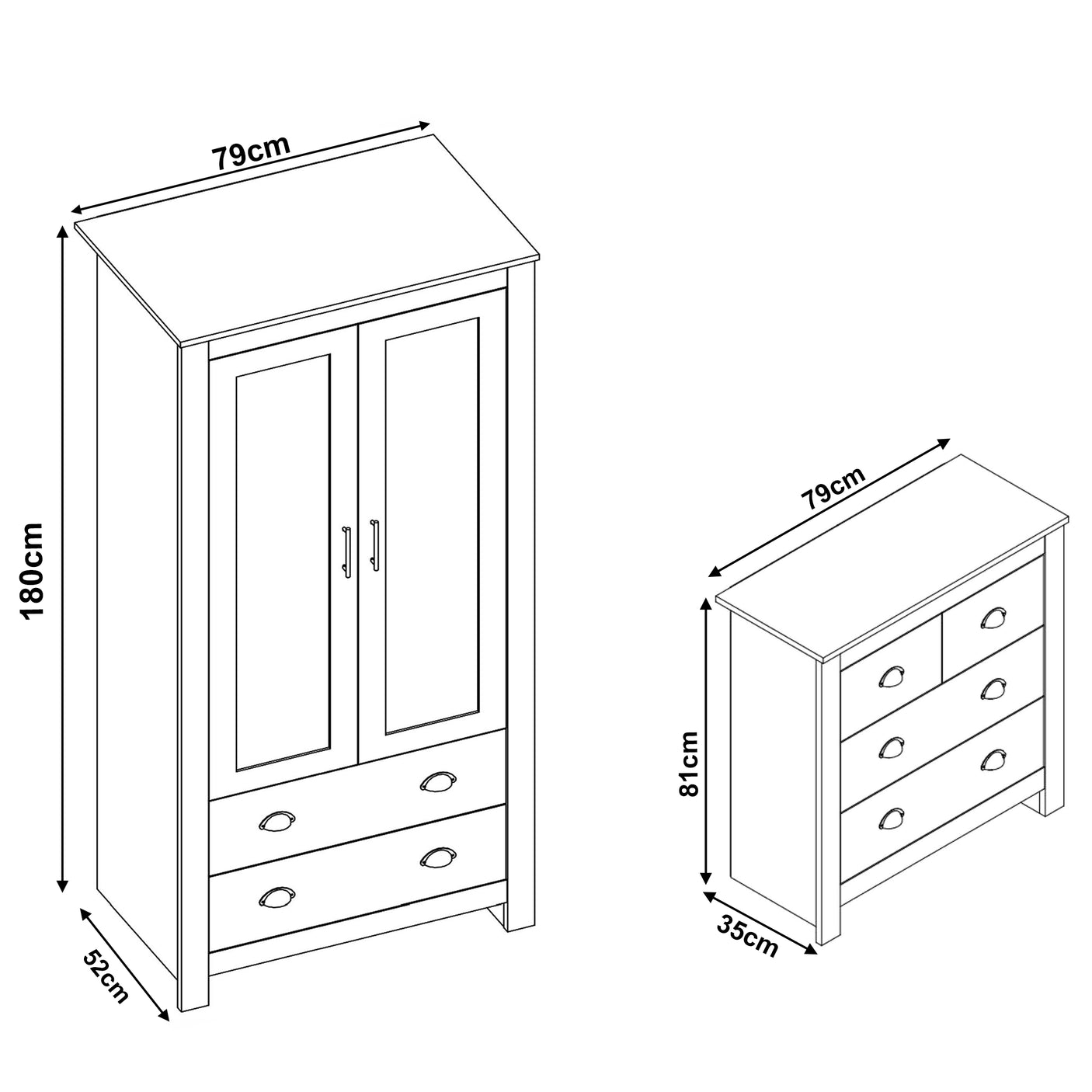 2 Door Wardrobe With Drawers and 4 Drawer Chest - Bedroom Set
