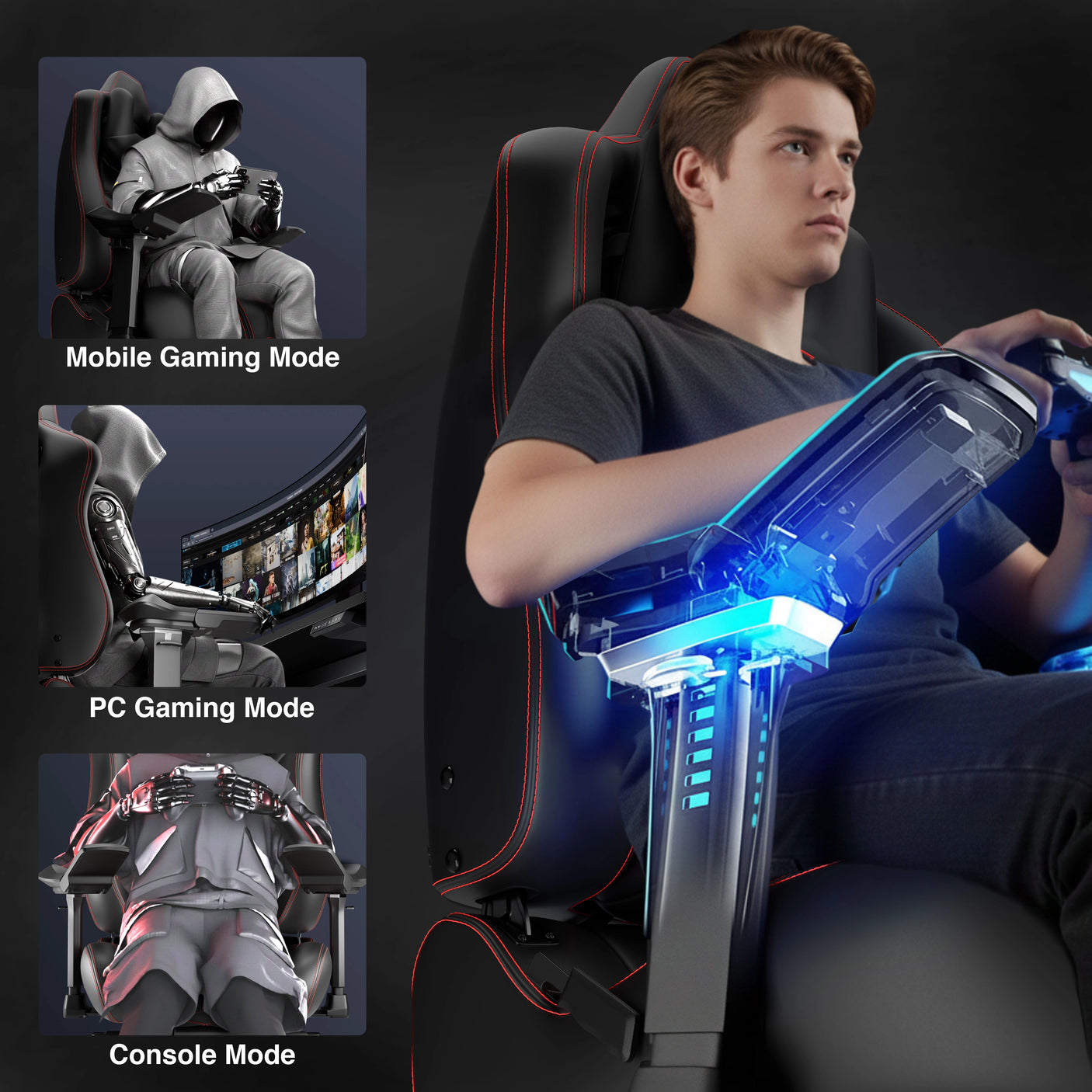 Gaming chair with adjustable modes for mobile, PC, and console gaming, featuring a person using a gaming console.