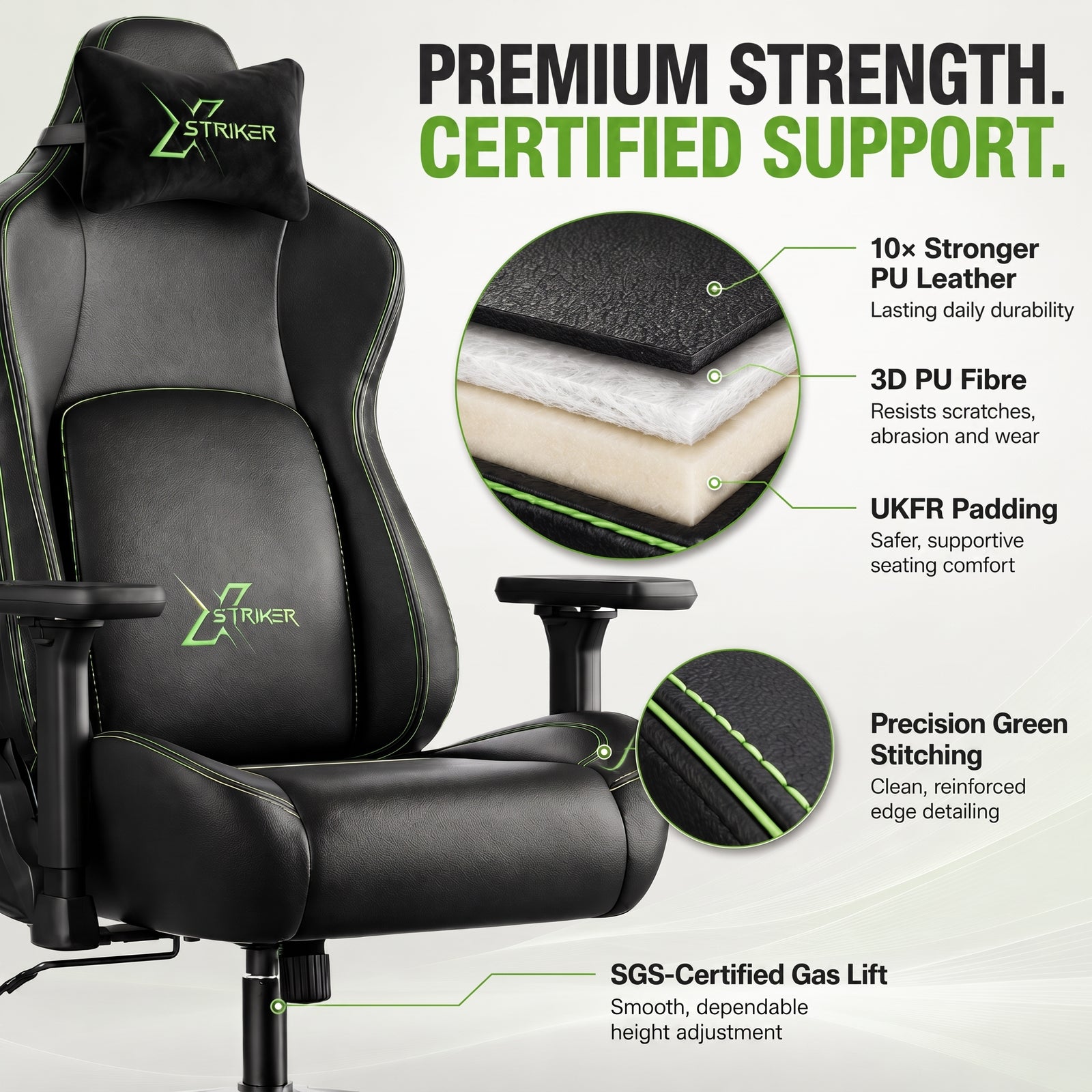 [Black] Infographic displaying the multi-layer material build including PU leather, PU fibre, UKFR padding, and gas lift.
