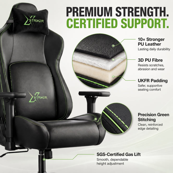 [Black] Infographic displaying the multi-layer material build including PU leather, PU fibre, UKFR padding, and gas lift.