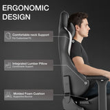 [Black + White] Diagram demonstrating the neck support, integrated lumbar pillow, and molded foam cushion of the gaming chair.
