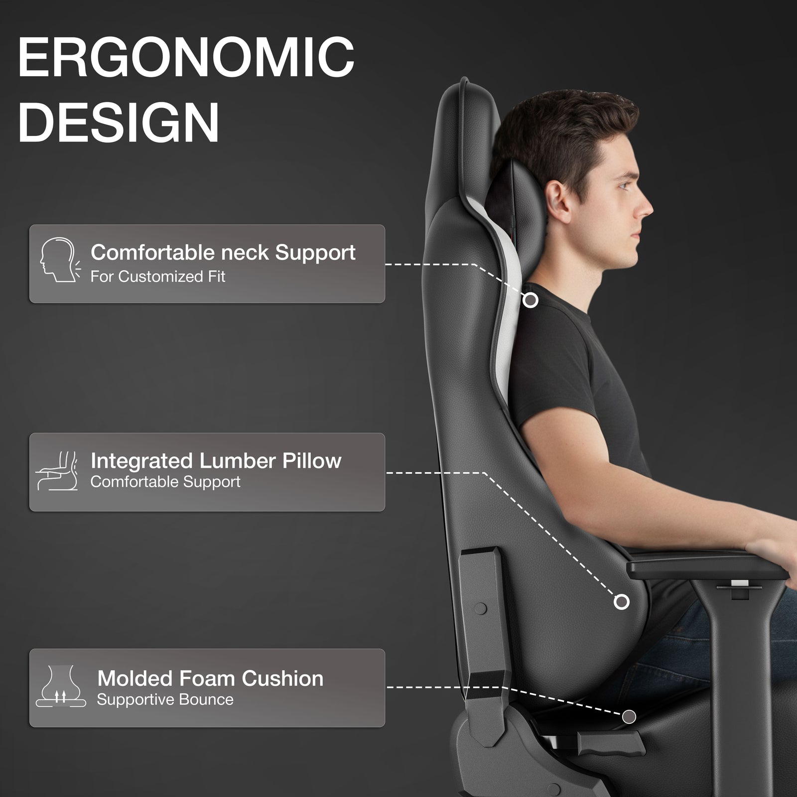 [Black + White] Diagram demonstrating the neck support, integrated lumbar pillow, and molded foam cushion of the gaming chair.
