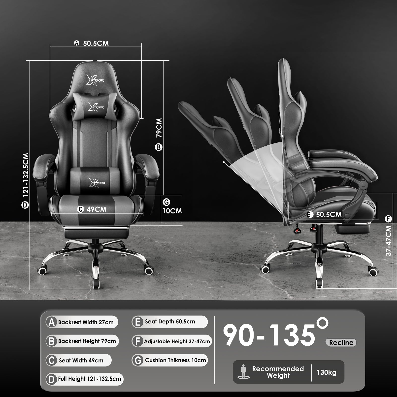 [Black + Grey] Xstriker Gaming Chair With Footrest featuring ergonomic design, adjustable recline from 90° to 135°, and padded support for home or office use.