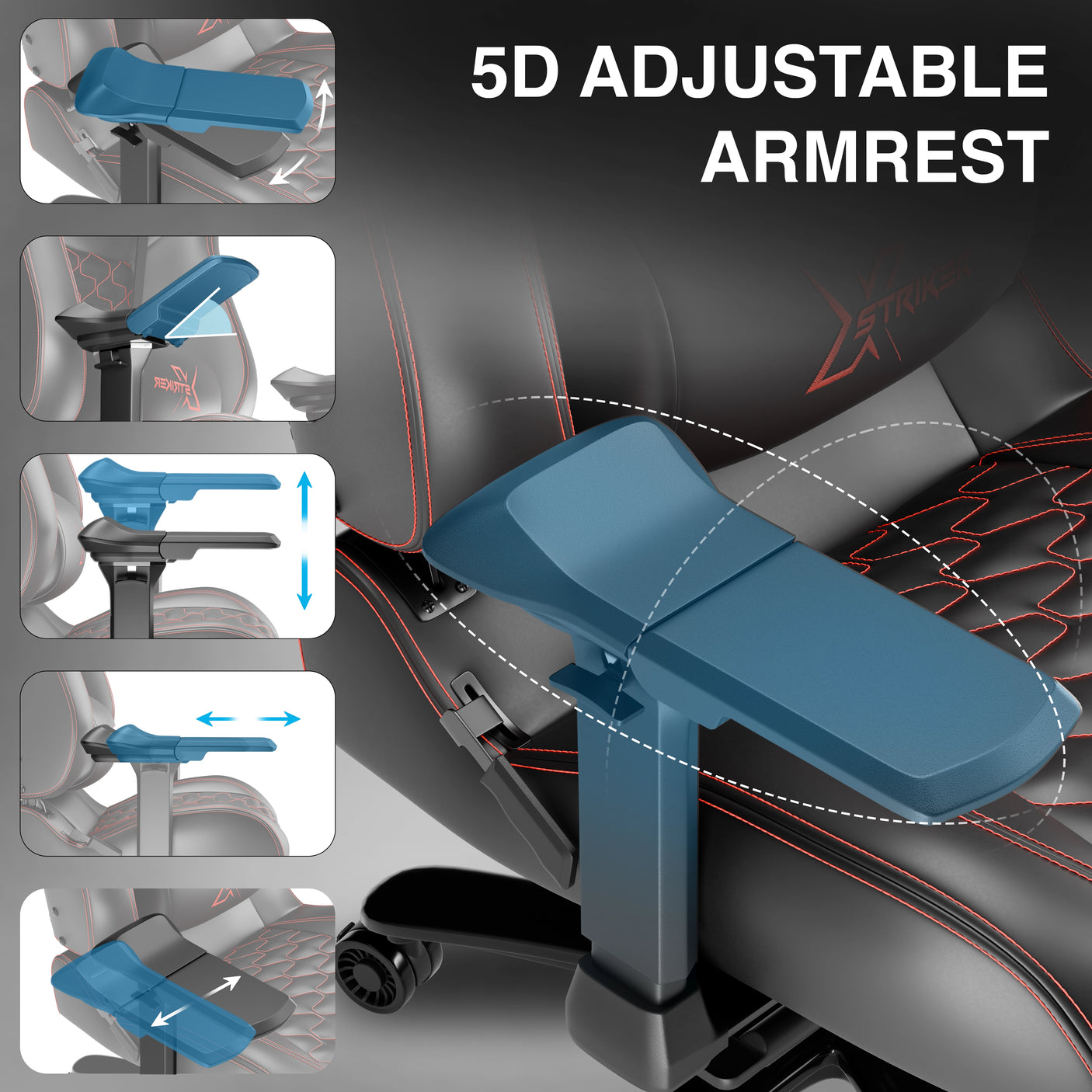 5D adjustable armrest with detailed illustrations on a car seat background