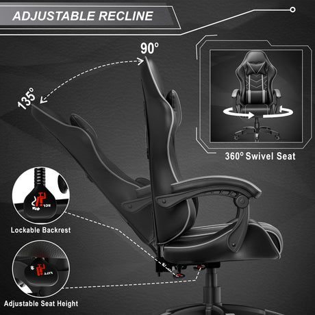 Grey gaming chair with adjustable recline feature for personalized comfort and support.