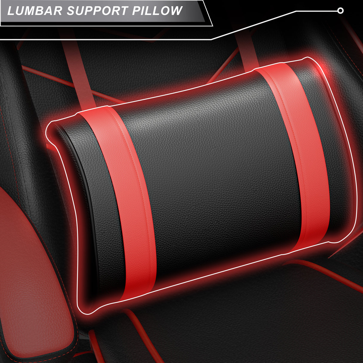 Gaming chair with lumbar pillow for superior back support and comfort during long gaming sessions.