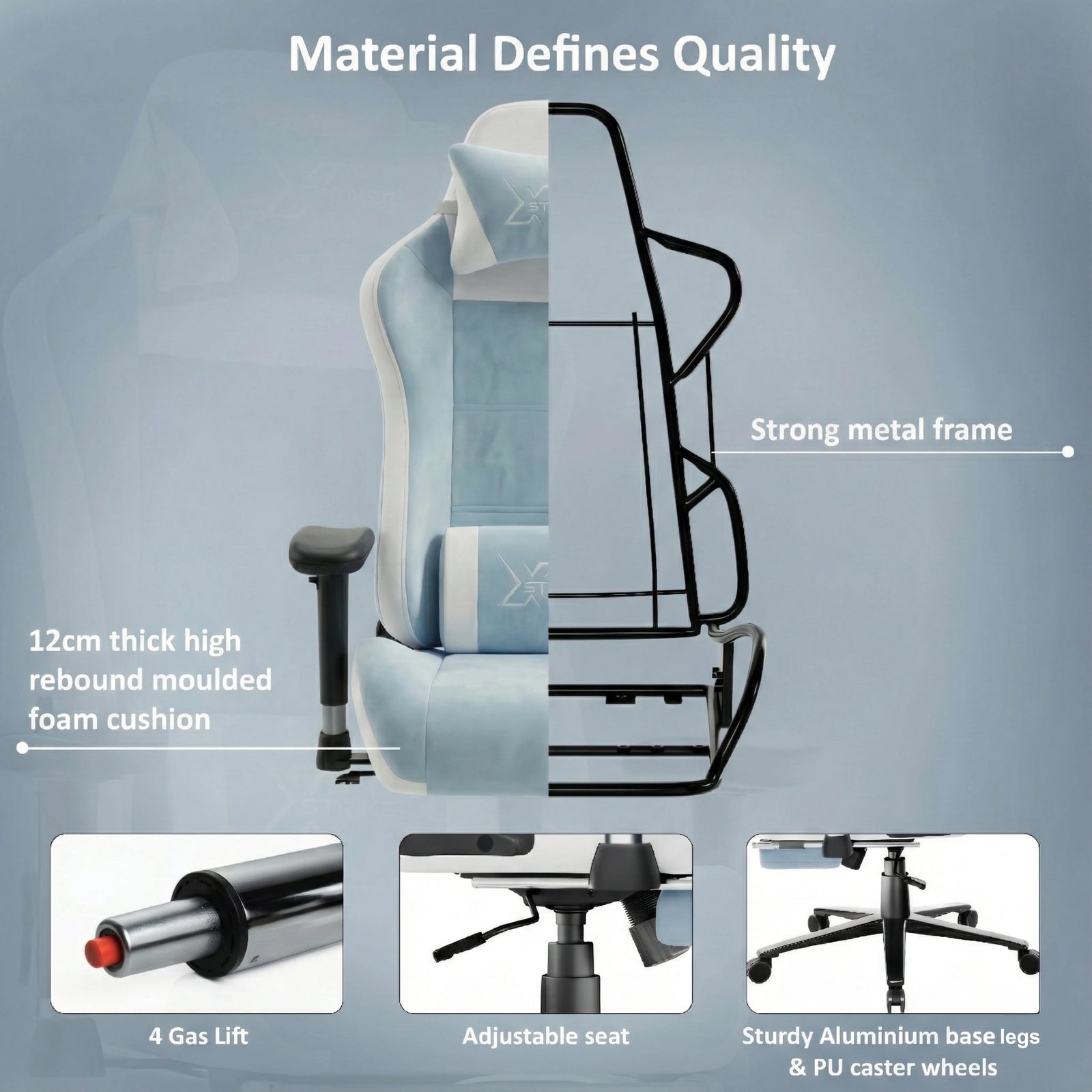 [Blue] Xstriker Velvet Gaming Chair with Footrest features a strong metal frame, 12cm thick foam cushion, adjustable seat, gas lift, and sturdy base with PU wheels.