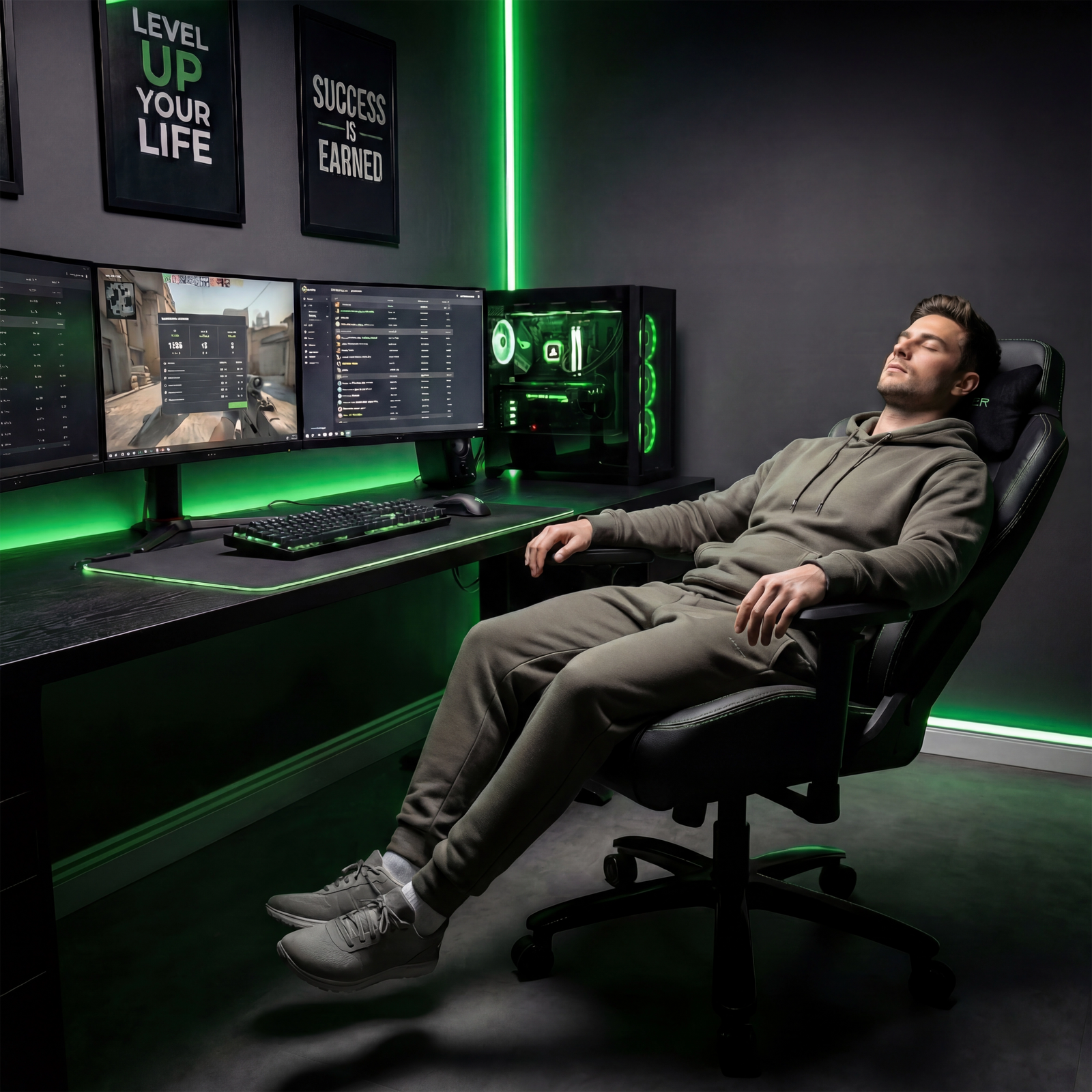 [Black] reclined and resting comfortably in the [Black] Ergonomic Gaming Chair with Headrest within a neon-green lit gaming room.