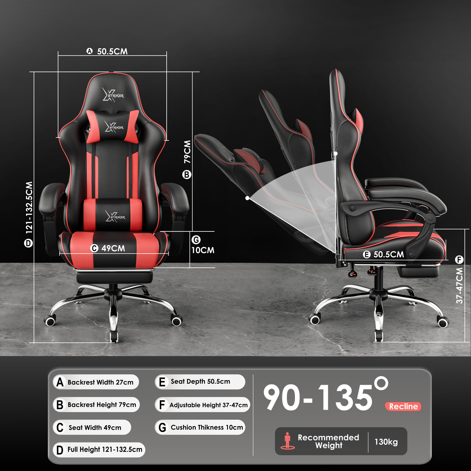 [Black + Red] Xstriker Gaming Chair With Footrest in black and red, featuring ergonomic design, adjustable recline from 90° to 135°, and detailed size dimensions.