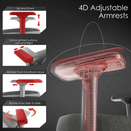 Xstriker Ergonomic Fabric Gaming Chair 4D armrest shown with adjustable directions including up/down, side-to-side, and front/back movement.