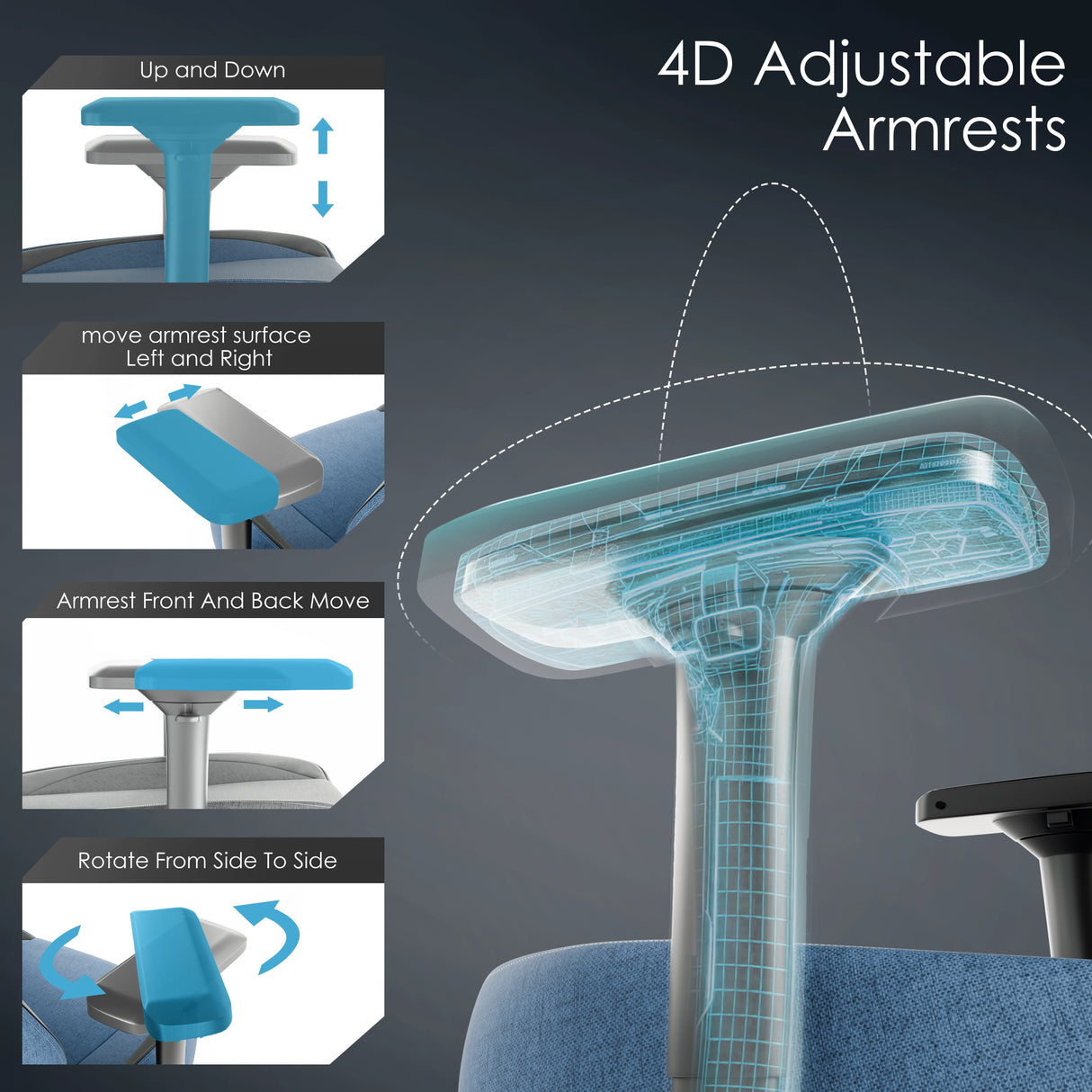 Xstriker Ergonomic Fabric Gaming Chair with 4D armrest showing adjustability in height, angle, and direction for adult gamers. Ideal for home or office setups.