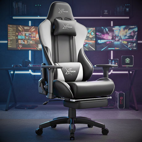 Gaming chair with 'X-Striker' branding in a gaming setup with multiple monitors.