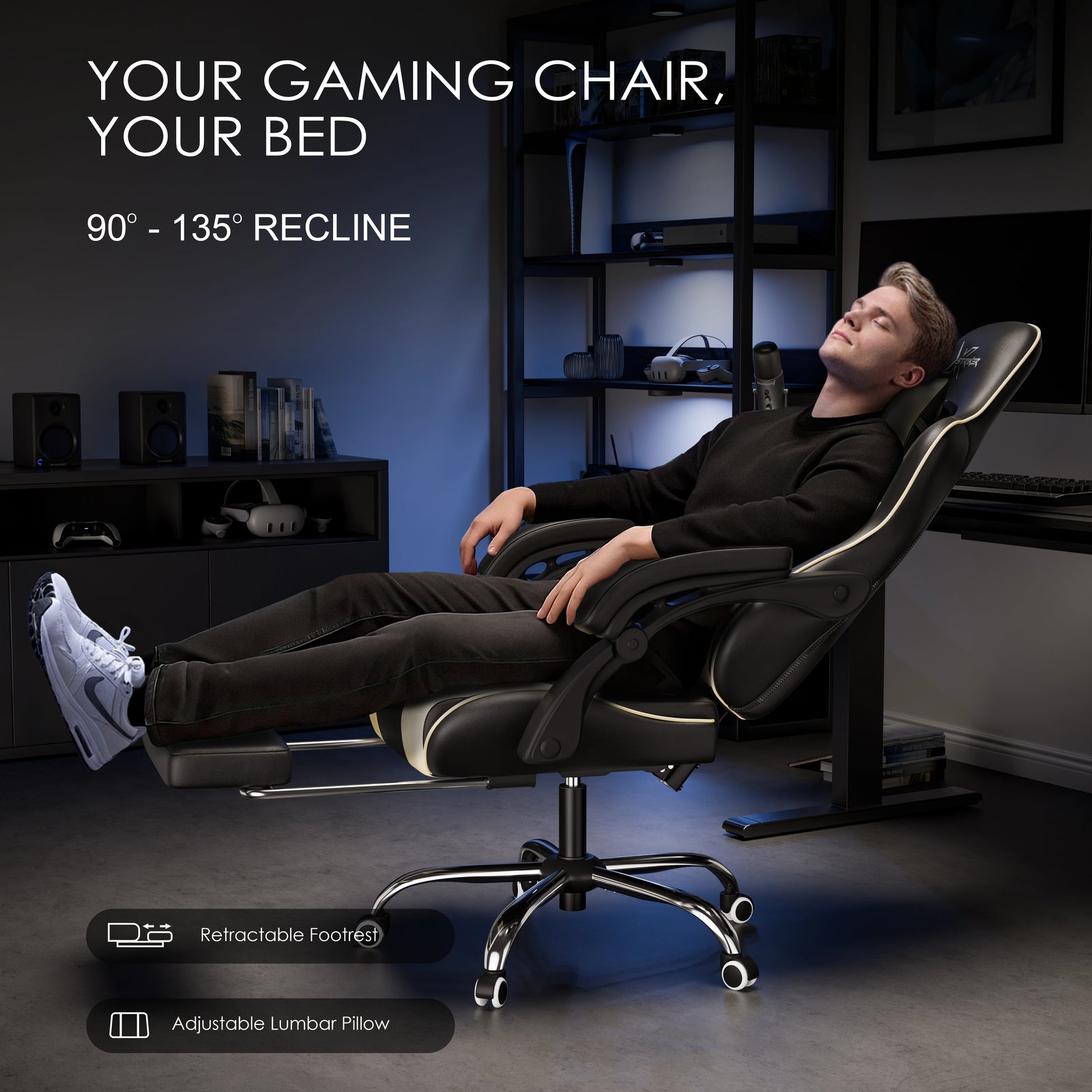 [Black + White] Xstriker gaming chair for adults reclined at 135 degrees, showing ergonomic design, adjustable lumbar pillow, and retractable footrest in a home office setup.