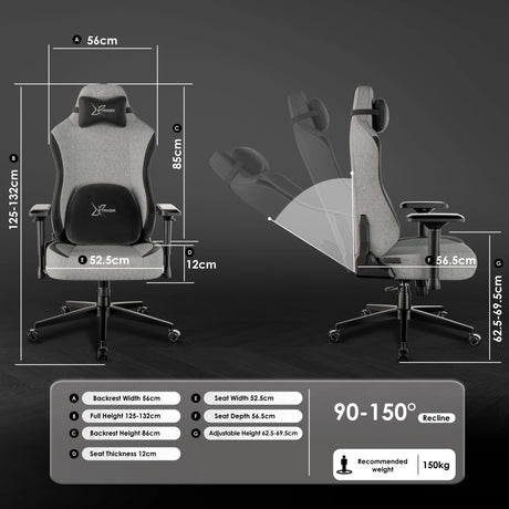 Xstriker Ergonomic Fabric Gaming Chair with 4D Armrest for Adults in grey, featuring adjustable height, reclining backrest, and lumbar support cushion.
