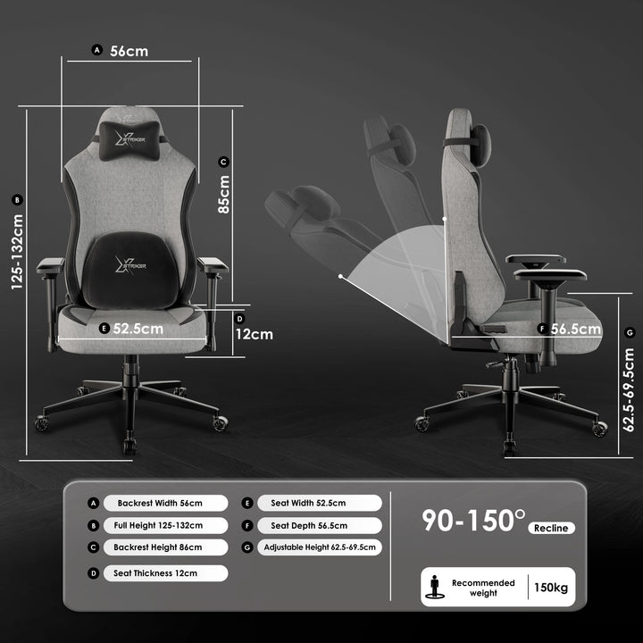 [Grey] Xstriker ergonomic chair dimensions and recline range chart, supporting up to 150kg with adjustable height and seat depth.