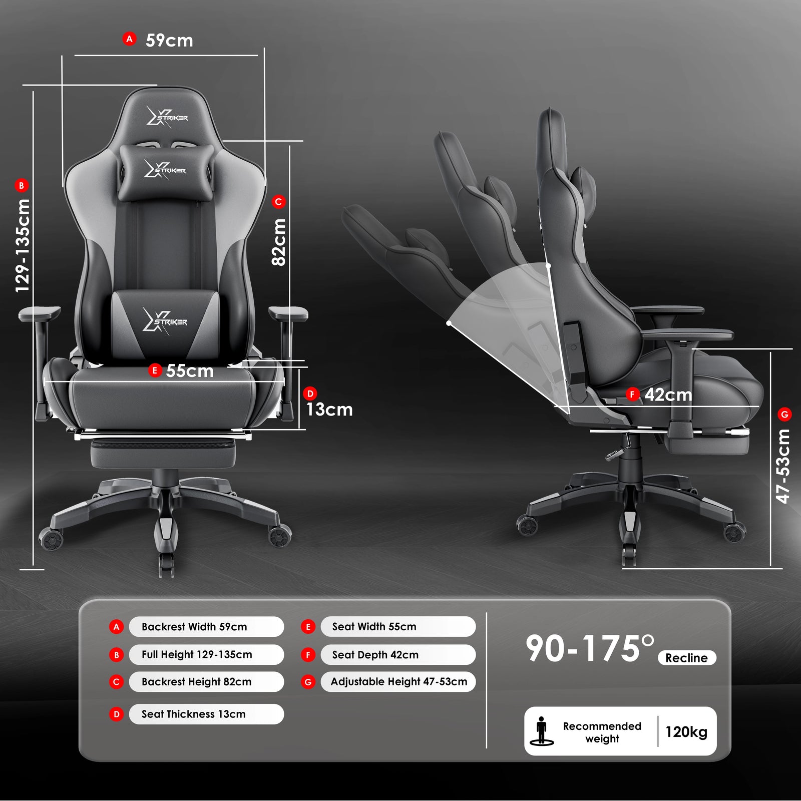 [Dark Grey + Light Grey] Gaming chair with detailed measurements on a dark background
