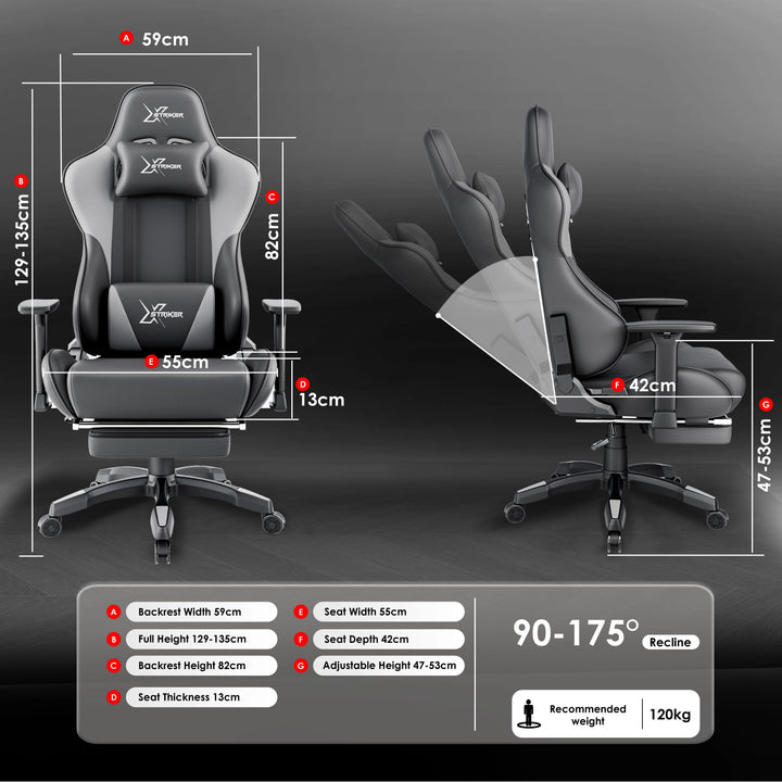 [Dark Grey + Light Grey] Gaming chair with detailed measurements on a dark background