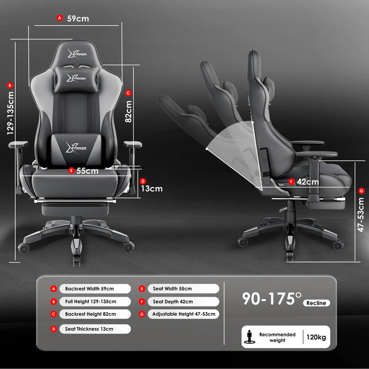[Dark Grey + Light Grey] Dimension diagram for Ergonomic Gaming Chair with Footrest showing heights and widths.