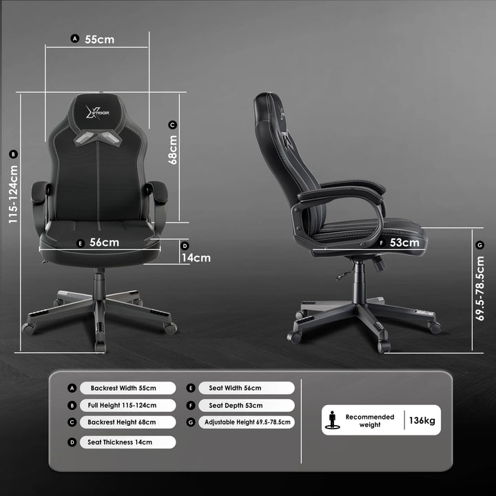 [Black] Xstriker Kids Gaming Chair in black fabric with padded arms, adjustable height, and ergonomic backrest. Ideal small desk chair for home office or study.