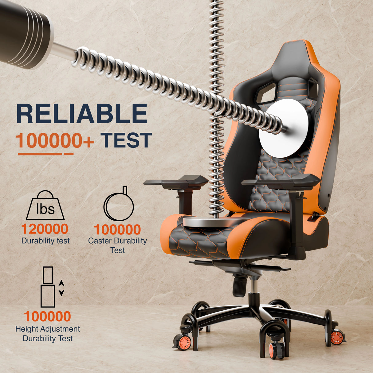 Ergonomic chair with durability testing equipment on a beige background