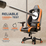 Ergonomic chair with durability testing equipment on a beige background