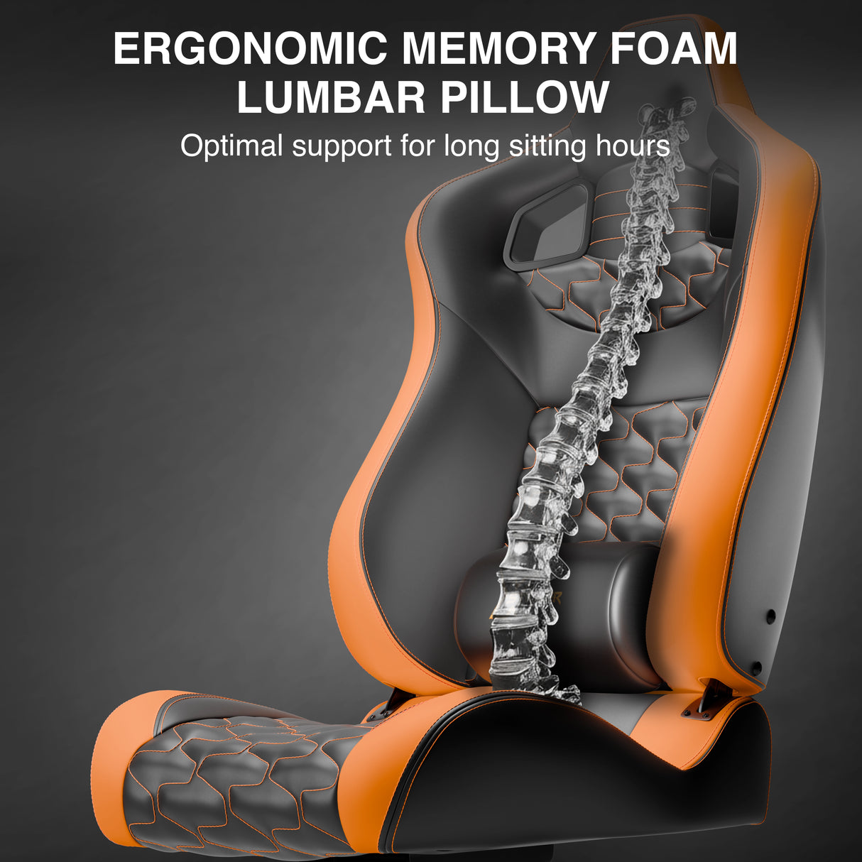 Ergonomic memory foam lumbar pillow with a clear overlay of a spine on a dark background.