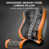 Ergonomic memory foam lumbar pillow with a clear overlay of a spine on a dark background.