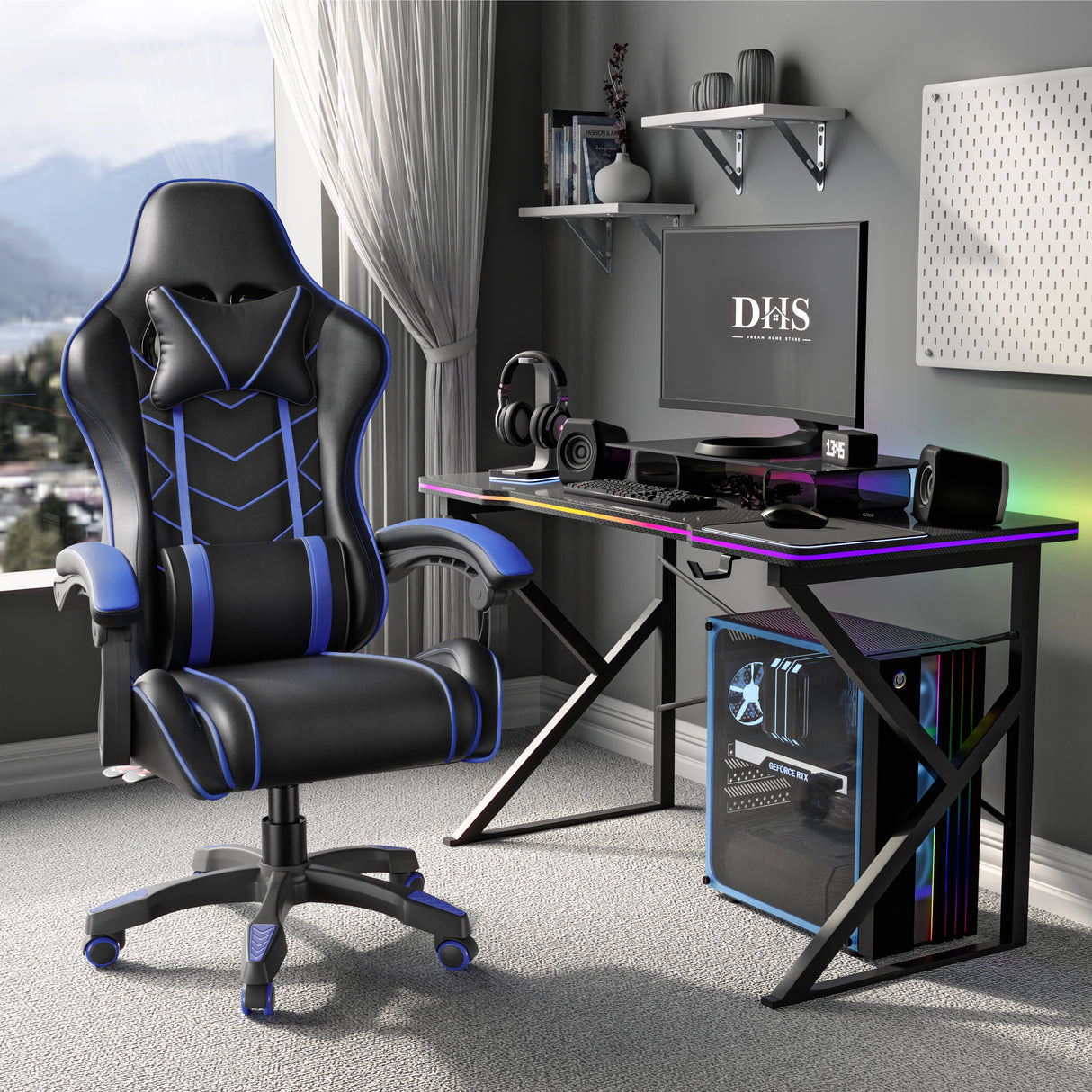 Ergonomic gaming chair with lumbar support and padded armrest in black and blue, placed in a modern gaming setup with DHS branding. Ideal for long gaming or office sessions with adjustable comfort features.