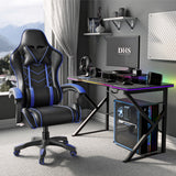 Ergonomic gaming chair with lumbar support and padded armrest in black and blue, placed in a modern gaming setup with DHS branding. Ideal for long gaming or office sessions with adjustable comfort features.