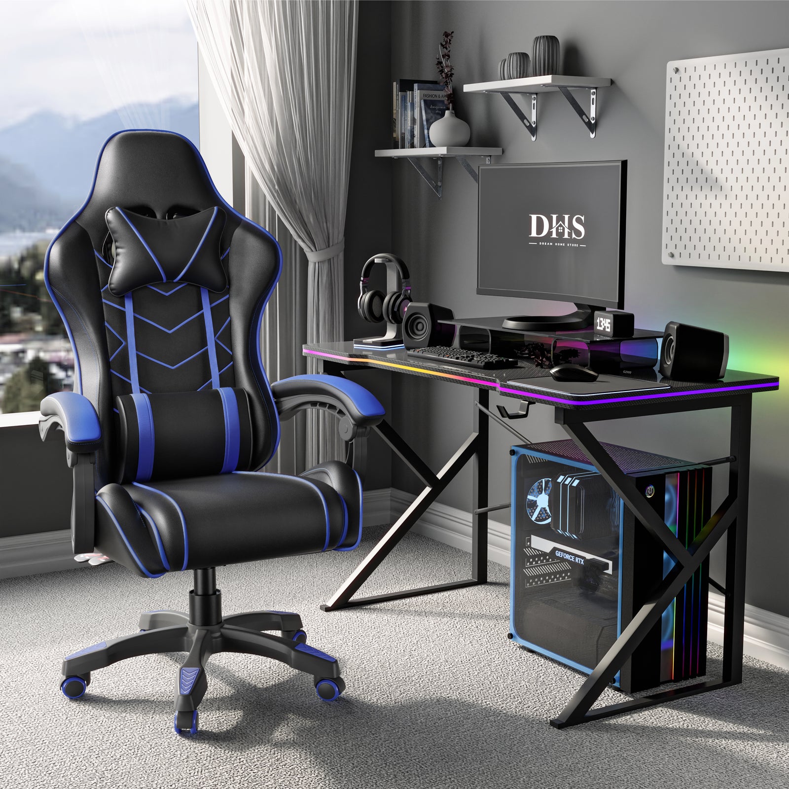 [Black + Blue] Video game chairs with lumbar support and padded armrest in black and blue, placed in a modern gaming setup with DHS branding. Ideal for long gaming or office sessions with adjustable comfort features.