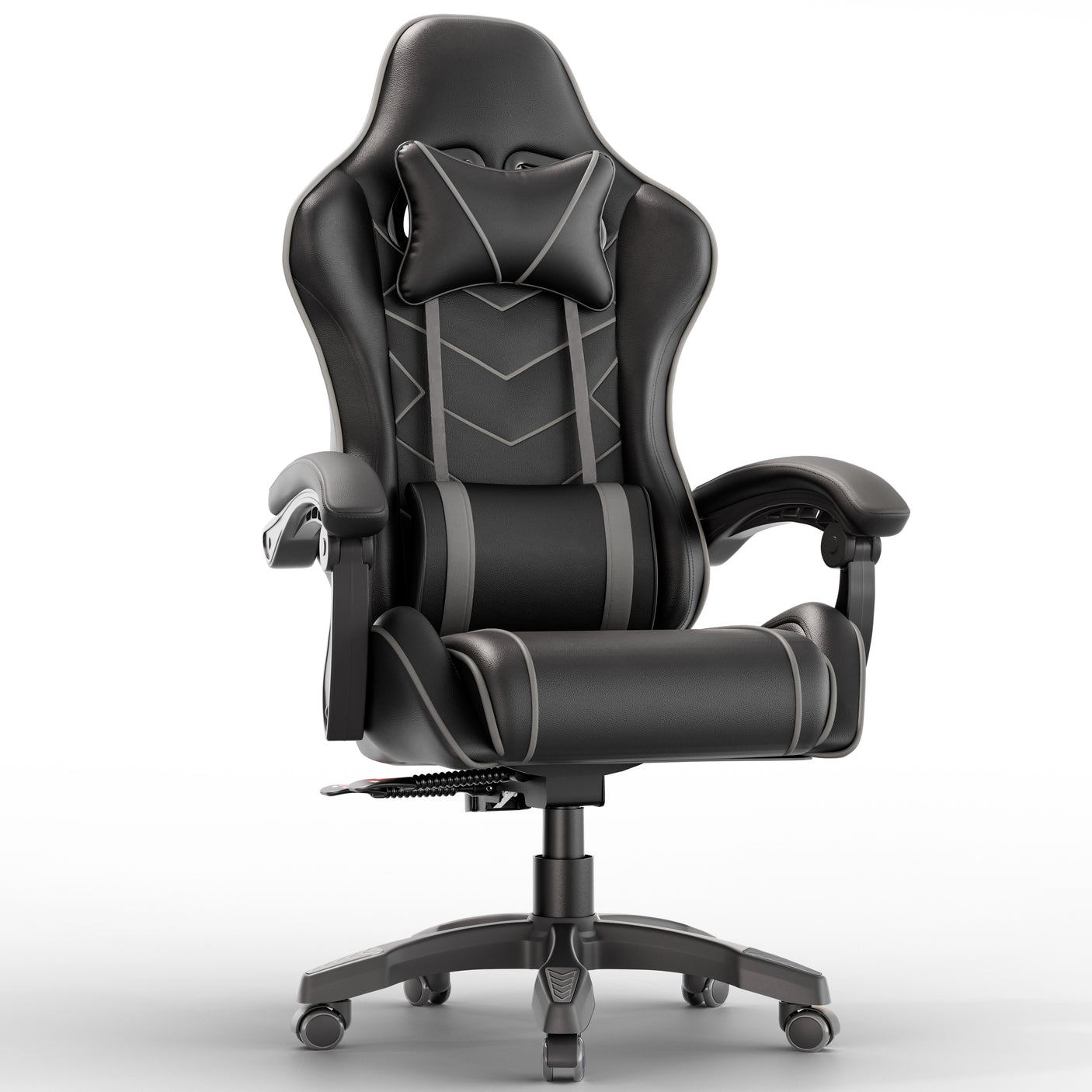 Ergonomic gaming chair with lumbar support and padded armrest in black leather finish, ideal for long gaming or office sessions. Features adjustable height and reclining backrest.