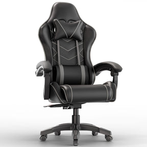 [Black + Grey] Ergonomic gaming chair with lumbar support and padded armrest in black leather finish, ideal for long gaming or office sessions. Features adjustable height and reclining backrest.