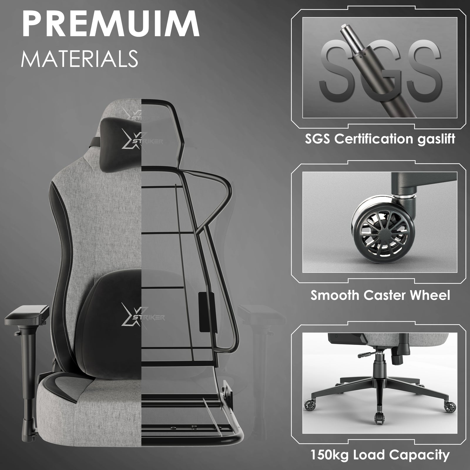 [Grey] Premium materials in Xstriker office chair include SGS-certified gas lift, smooth caster wheels, and 150kg load capacity.