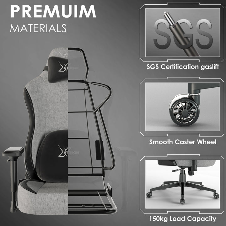 [Grey] Premium materials in Xstriker office chair include SGS-certified gas lift, smooth caster wheels, and 150kg load capacity.