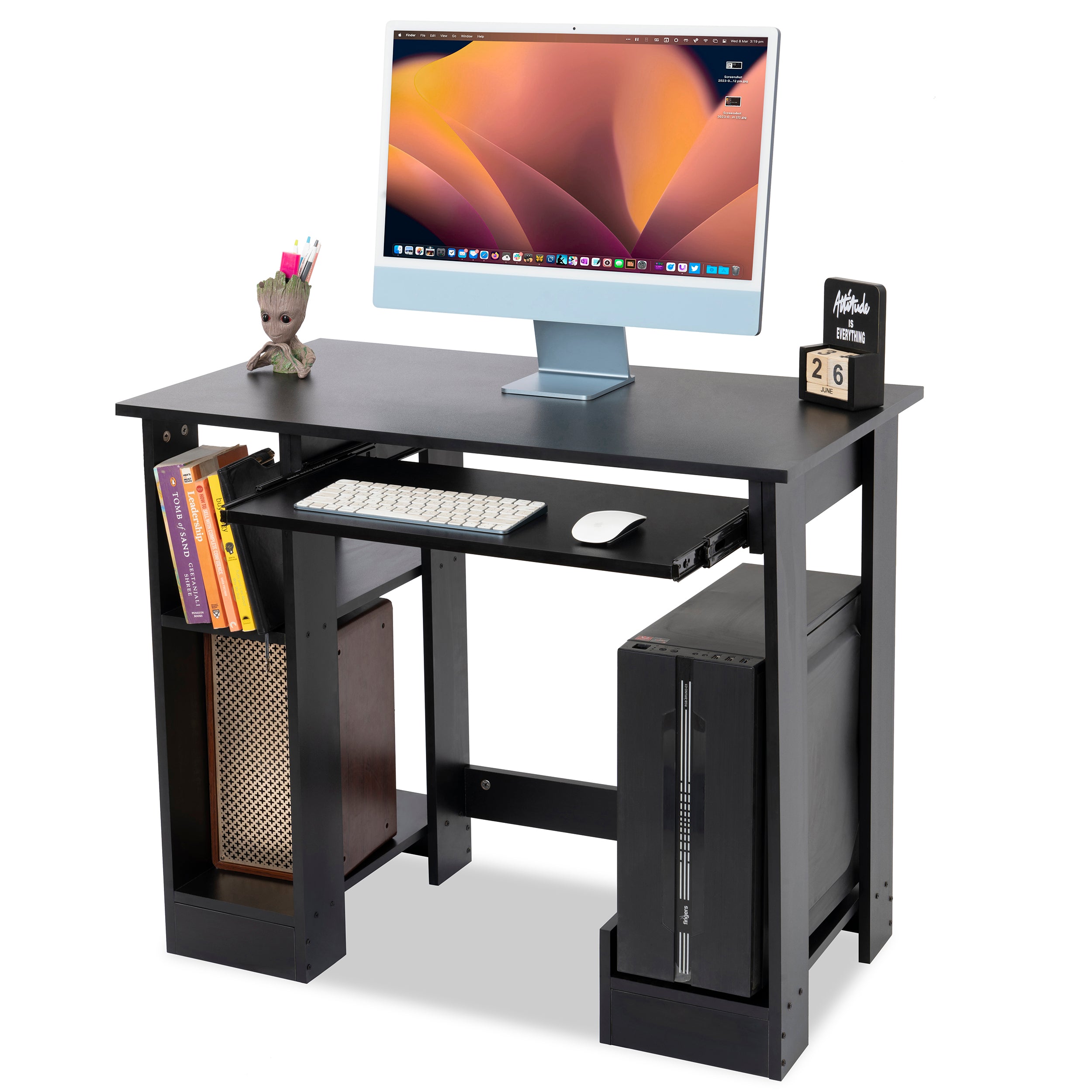 Modern black gaming PC desk with a monitor, keyboard tray, CPU holder, and bookshelf compartments.