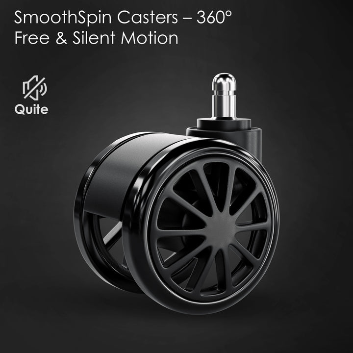[Black + Orange] Close-up of Xstriker Gaming Chair SmoothSpin caster wheel with 360° silent swivel design for smooth and quiet motion. Ideal for gaming or office use.