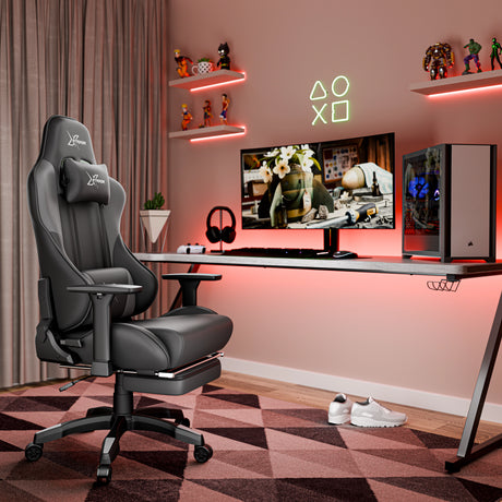 Gaming setup with a chair, desk, monitor, and neon lights in a room.