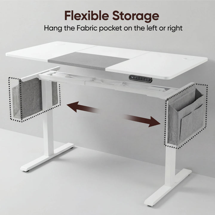 [160cm x 70cm] Flexible pocket view of 160x70cm white electric standing desk: pouch clips onto either short side