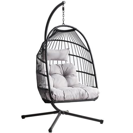 Garden egg chairs with a durable black frame and light grey cushions, ideal for outdoor relaxation.