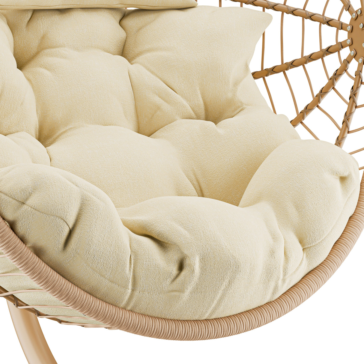 Gardenline hanging egg chair in beige color with cushion for comfortable outdoor relaxation.