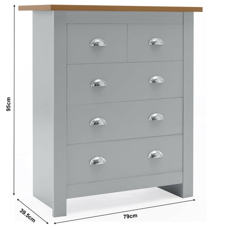 Grey chest of drawers with oak top, measuring 95cm in height, 79cm in width, and 39.5cm in depth.