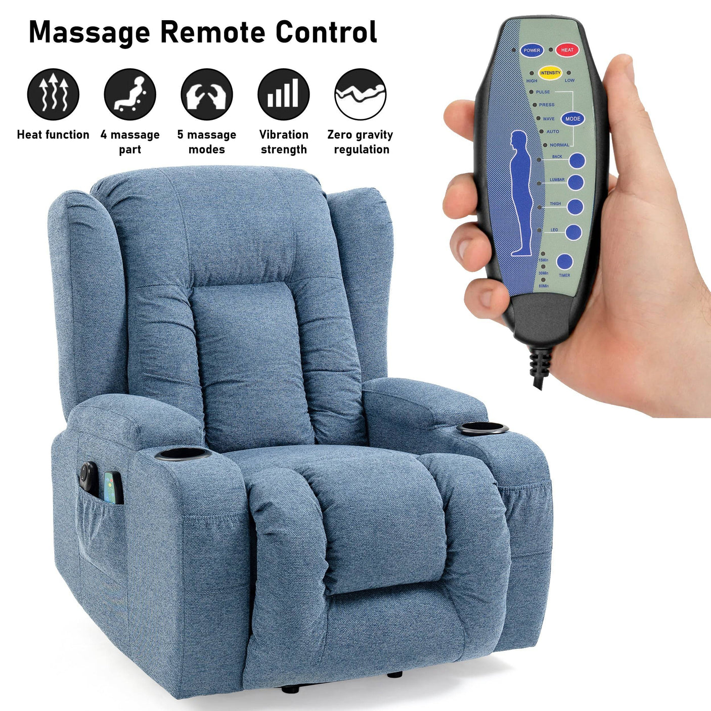 Massage remote control for electric riser recliner chair showing heat, vibration, and recline settings. Enhances comfort and ease of use for seniors.