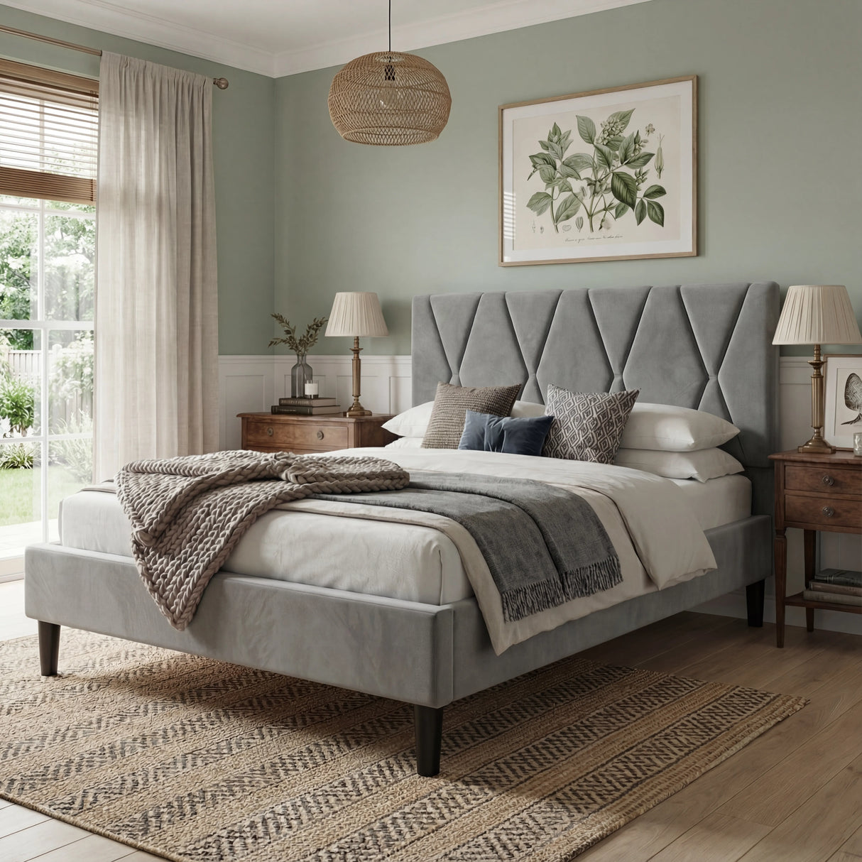 Neatly made bed in a bedroom with gray upholstered headboard, wooden nightstands, and decorative elements.